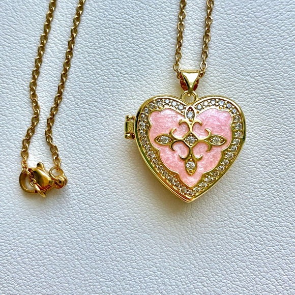 Gold and Pink Heart Locket Necklace - Picture 3 of 4